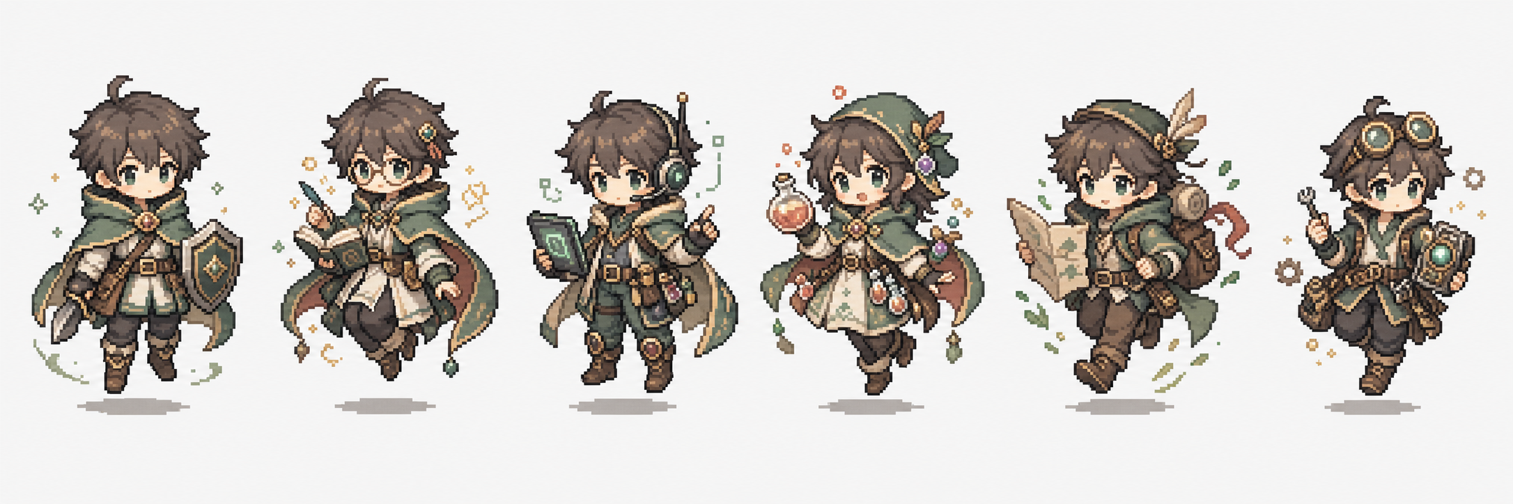 Six Guilduo class pixel avatar concepts